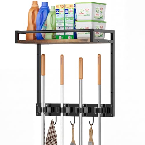 Broom Holder Wall Mount with Shelf, 15.7" Wx6.7 Dx... (Black | Metal, Wood)