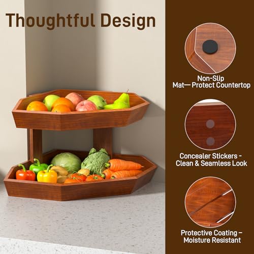 Wooden Fruit Basket for Kitchen Counter 2 Tier Fruit Bowl for Corner | Space-Saving Fruit Stand Holder for Bread Fruit and Vegetable Storage Kitchen Countertop Organizer