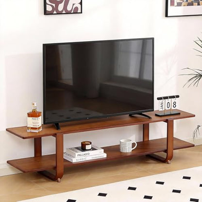 Walnut TV Stand for 65-Inch TVs, 2 Open Shelves, Modern Media Console | Bamboo Construction, Mid Century Style, Open Storage for Electronics and Decor in Living Rooms and Bedrooms