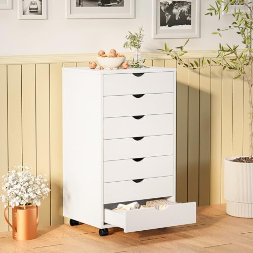 Sweetcrispy 7 Drawer Rolling Storage Cabinet with Wheels, Wood Organizer | Fits Under Desk Dresser Chest for Home Office, Bedroom, Small Place, Living Room White