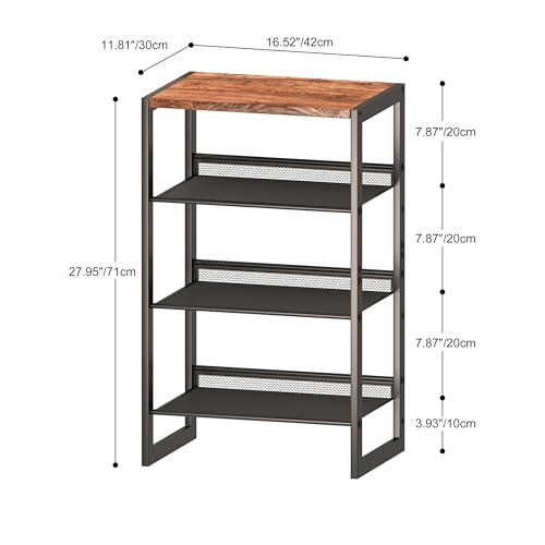 CHEMPFR Narrow 4-Tier Shoe Rack, Slim Space-Saving Shelf with Decorative Wood Top & Steel Mesh, Entryway/Closet/Dorm Organizer, 16.5x11.8x27.9 Inches