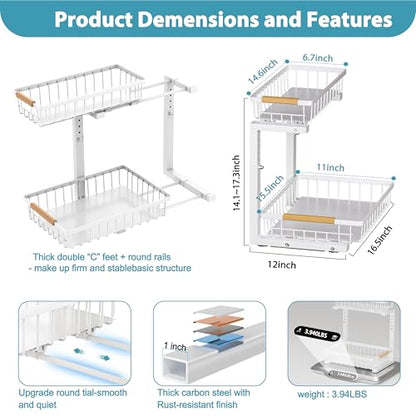 Under Sink Organizer 2 Pack, 2 Tier Slide Out Large Capacity Height Adjustable Under Sink Organizers and Storage for Kitchen Bathroom Cabinet, White