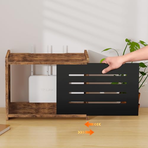 Router Shelf, Wood Wifi Box Hider, Projector Shelf Stand, Router Modem Storage Box Power Strip Cable Management Hider Rack, Routers Cover Organizer for Office Home, Rustic Brown