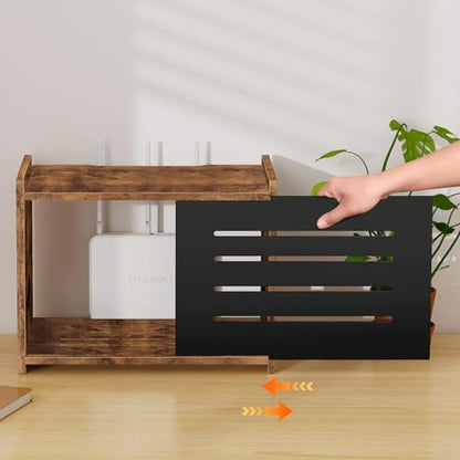 Router Shelf, Wood Wifi Box Hider, Projector Shelf Stand, Router Modem Storage Box Power Strip Cable Management Hider Rack, Routers Cover Organizer for Office Home, Rustic Brown