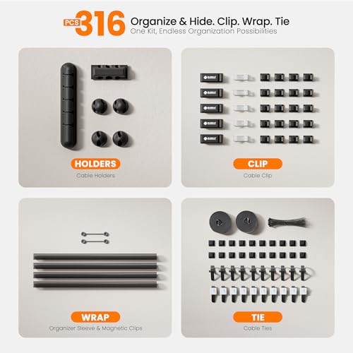 EUREKA ERGONOMIC 316PCS Under Desk Metal Cable Kit, Black | Cable management kit with metal cable tray, 6 cable holders, 4 sleeves, 60 clips, 2 tie rolls, 100 zip ties for organized