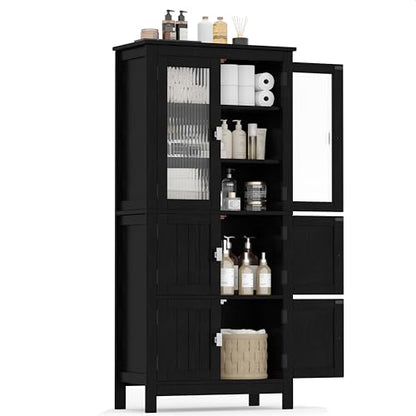53.1" Tall Bathroom Cabinet 6 Doors Linen Floor Storage Cabinet | Bathroom Floor Cabinet with Adjustable Shelf, Pantry Cabinet for Living Room, Kitchen, Entryway, Black