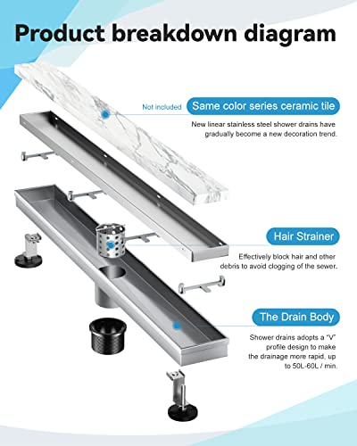 2-in-1 Linear Shower Drain 24" Brushed Nickel, with Tile Insert Grate | 304 Stainless Steel, Rectangle Shower Floor Drain, with Leveling Feet, for Bathroom, Kitchen, Remodel Shower, Tile Floor