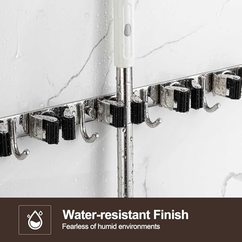 Broom Holder Wall Mount, Stainless Steel Broom Hanger Wall Mount, Heavy Duty Mop and Broom Holder Tool Racks Utility Hooks for Laundry Room Garden Garage, Grey (5 Racks and 4 Hooks)