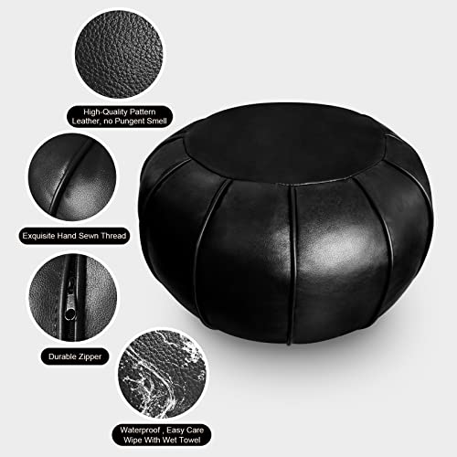 Louis Donné Round Unstuffed Faux Leather Pouf Ottoman Cover, Portable Indoor Outdoor Foot Rest Cover with Invisible Zipper, Sturdy Footstool Cushion Case for Home Patio Balcony Daily Use, Cover Only
