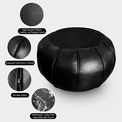 Louis Donné Round Unstuffed Faux Leather Pouf Ottoman Cover, Portable Indoor Outdoor Foot Rest Cover with Invisible Zipper, Sturdy Footstool Cushion Case for Home Patio Balcony Daily Use, Cover Only