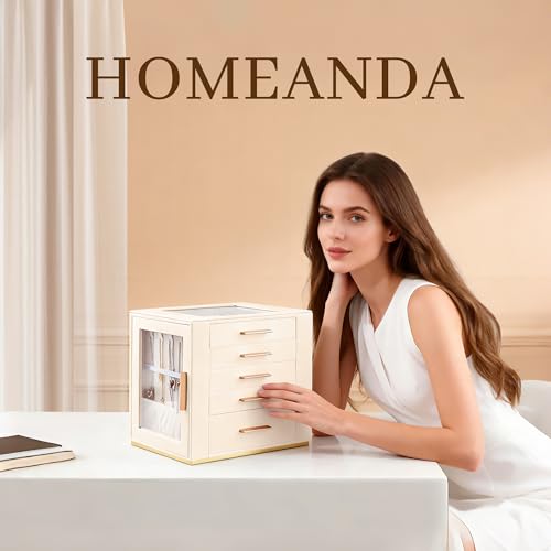Homeanda Jewelry Boxes with Glass Lid, 5-Layer Large PU Leather, Beige | Modern style 10.2 x 7.1 x 9.5 inches vanity storage for rings, earrings, necklaces, bracelets and watches