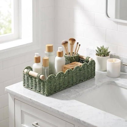 CubesLand Scalloped Toilet Paper Storage Basket W/Handle for Home Decor | Paper Rope Toilet Organizer Basket for Countertop, Over Toilet Shelf, End Table, Living Room Cozy Decorative & More, Green