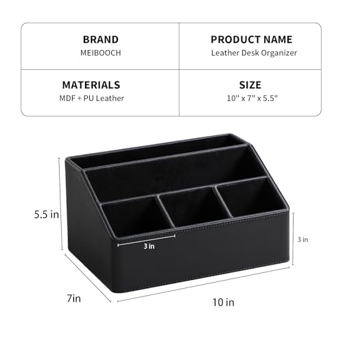 PU Leather Desk Organizer, Remote Control Holder, Black | Luxury Nightstand Organizer for Home, Office Desk Accessories, Bedside Table Caddy with 5 Compartments, Velvet Lining