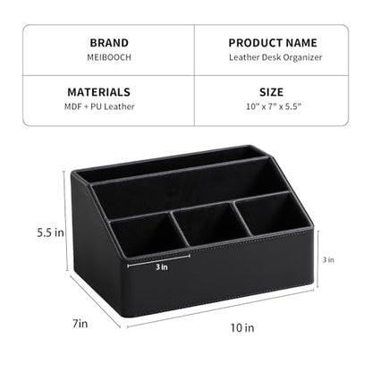 PU Leather Desk Organizer, Remote Control Holder, Black | Luxury Nightstand Organizer for Home, Office Desk Accessories, Bedside Table Caddy with 5 Compartments, Velvet Lining
