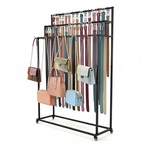 3-Tier Rolling Belt & Tie Storage Display Rack | 42 storage hooks, mobile wheeled design, black metal rack for belts ties bags retail shop display