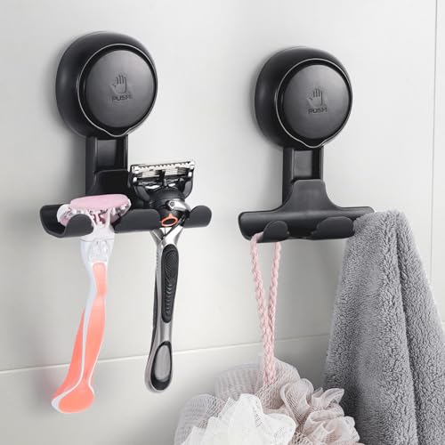 Razor Holder for Shower 2 Pack, Powerful Vacuum Su... (Black, Round | Plastic)