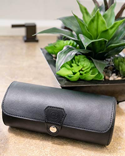 CASE ELEGANCE 3-Watch Travel Case Roll Organizer - Black | Vegan faux leather, for men, watch display case