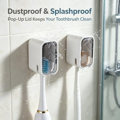 2PCS Toothbrush Holder Wall Mounted for Bathroom with Cover for Shower - with Toothpaste Clip - Single Slot Toothbrush Dispenser Storage Organizer for Travel with Detachable Design
