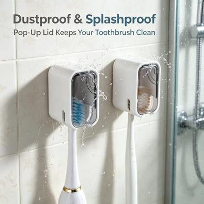 2PCS Toothbrush Holder Wall Mounted for Bathroom with Cover for Shower - with Toothpaste Clip - Single Slot Toothbrush Dispenser Storage Organizer for Travel with Detachable Design