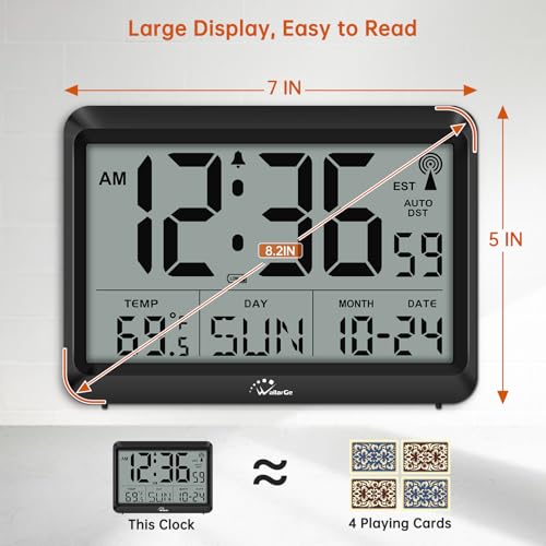 Self-Setting Atomic Digital Wall Clock with Auto DST | Battery Operated, Large Display with Temperature, Date and Day, 4 Time Zones, Wall Mount/Desktop Clock for Classroom, Office