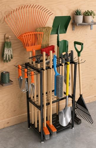 Garden Tool Organizer, 3-Tier Metal Yard Tool Rack with 14 Hooks & 5 Slots, Holds 50+ Rakes/Shovels/Brooms, Heavy Duty Freestanding Lawn Tool Storage for Garage Shed Outdoor Organization