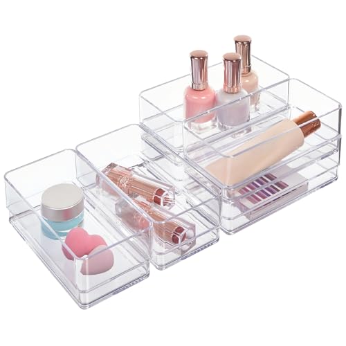 STORi SimpleSort 6-Piece Stackable Clear Drawer Organizer Set | 6" x 3" x 2" Rectangle Trays | Small Makeup Vanity Storage Bins and Office Desk Drawer Dividers | Made in USA
