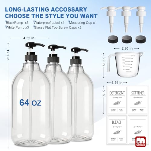 GMISUN Laundry Detergent Soap Dispenser, Liquid Laundry Detergent Dispenser, Container for Farmhouse Laundry Room Decor, Organizer for Liquid SoftenerBleach Heavy Duty Plastic Bottle(64 Oz 3 Pack)