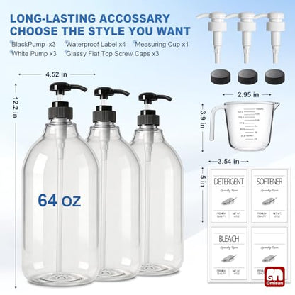 GMISUN Laundry Detergent Soap Dispenser, Liquid Laundry Detergent Dispenser, Container for Farmhouse Laundry Room Decor, Organizer for Liquid SoftenerBleach Heavy Duty Plastic Bottle(64 Oz 3 Pack)