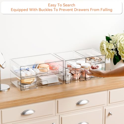 Clear Stackable Storage Drawers - Set of 6 - Acrylic Drawers,Bathroom Organizer Bin and Plastic Makeup Organizer,Clear Stacking Brightroom Storage Boxes for Vanity,Cabinet,Pantry Organization