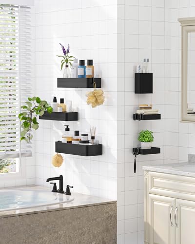 Kitsure Large Shower Caddy - Adhesive 6-Pack Bathroom Shelves, Black | No-Drilling Rustproof Shelves with Soap Holder, Toothbrush Holder, 6 Hooks, Stylish Bathroom Organizers and Storage Solution