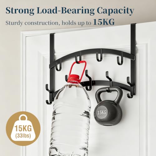 Over the Door Hooks Organizer - 2 Tier Door Hanger with 14 Hook Heavy Duty Stainless Steel for Towels, Coats, Jackets & Bags, Towel Rack for Bathroom Bedroom, Fits Up to 1.77" Doors, Black
