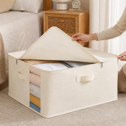 6Pack Canvas Storage Bags for Clothes & Comforters with Clear Window, Beige | 70L Large Capacity, Cotton Linen Fabric, Reinforced Handles, Foldable Design for King Comforters, Clothes and Blanket Storage