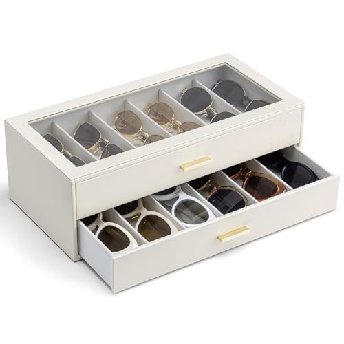 VLANDO 12-Slot Sunglasses Organizer Case with Clear Lid & 2 Drawers,Beige | PU Leather,Velvet Lining,Large Capacity Eyeglass Organizer for Vanity,Dresser,Closet,Bedroom,Gift for Eyewear Lovers