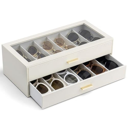 VLANDO 12-Slot Sunglasses Organizer Case with Clear Lid & 2 Drawers,Beige | PU Leather,Velvet Lining,Large Capacity Eyeglass Organizer for Vanity,Dresser,Closet,Bedroom,Gift for Eyewear Lovers