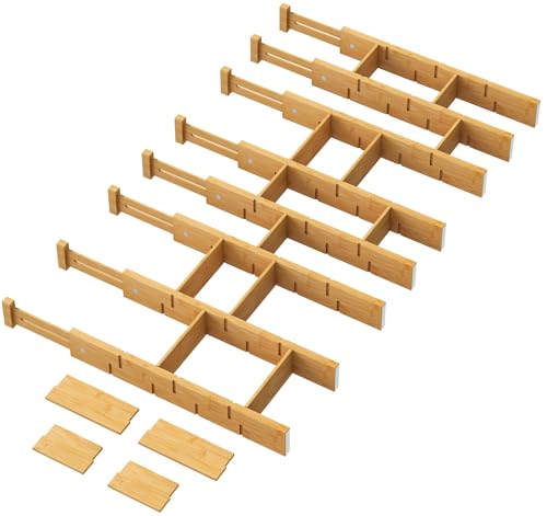 kiplant Kitchen Drawer Dividers - Adjustable Drawer Organizer for Clothes, Kitchen, Closet & Office - 8 Pack with Inserts, 18-22.6 Inches, Non-Slip Silicone Ends