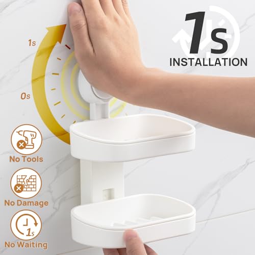 Soap Dish Holder for Shower, Double Layer Suction Cup Wall Mounte Self Draining Removable Waterproof Strong Suction Bar Soap Holder for Shower, White