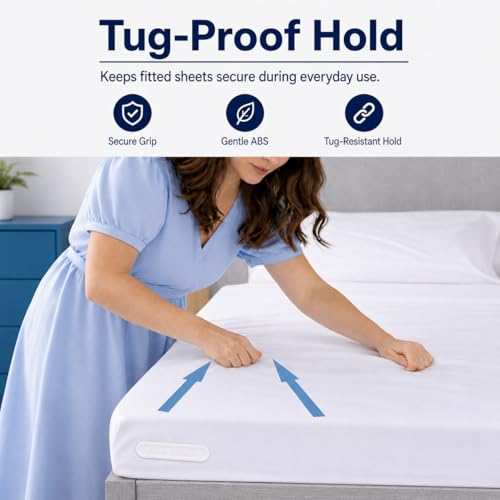 Bed Sheet Holders, Corner Fasteners, 8 Count, White | Easy-install corner fasteners help secure fitted sheets on most mattresses; includes 8 white holders.