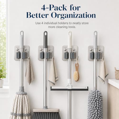 Broom Holder Wall Mount 4 Pack, Heavy Duty Mop and Broom Hanger with Hooks | Innovihue 304 Stainless Steel Broom Hanger, Self Adhesive or Screw Mount Organizer for Kitchen Laundry Garage