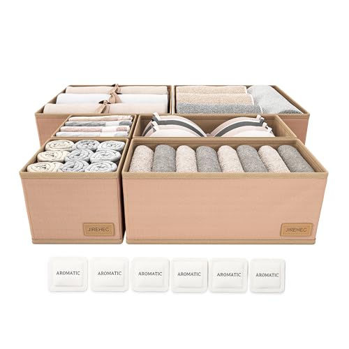 Dresser Drawer Organizer Clothes, 6 Pack Foldable Storage Boxes with Zipper, 600D Fabric, Cream, Drawer Dividers for Underwear, Socks, Baby Clothes