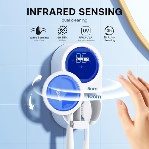 Bitvae Upgraded Tooth Brush Holder for Bathroom 2.0 Infrared Sensing | Toothbrush Cleaner, Wall-Mounted for Most Size Toothbrushes, Air Drying, LED Smart Screen, White Gold Trim