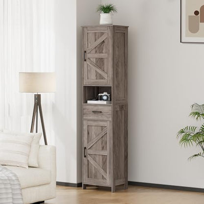Homhedy 67" H Tall Bathroom Storage Cabinet with Barn Doors and Drawer | Narrow Storage Unit with Adjustable Shelves, Floor Cabinet for Bathroom, Living Room, Entryway or Kitchen, Greige, 15.7" W