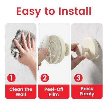 Suction Cup Hooks for Shower & Bathroom Towel Holder 4-Pack (Beige) | Removable Towel Hooks for Bathroom Window Glass Door Wall, or Mirror Bath Robe Looafh Wreath Hook for Hanging