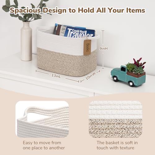 Goodpick Woven Rope Storage Basket for Shelves, Rectangle, Light Brown | 13" × 10" × 9" Stylish Gift Basket for Home Organization, Fits Dog Toys, Books & Nursery Essentials Storage, Writable Label