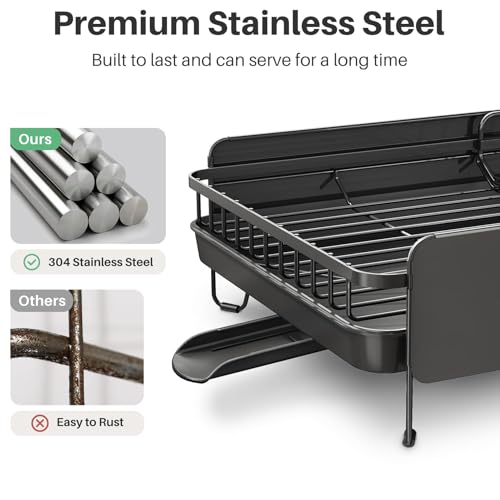 Large Expandable Dish Drying Rack for Kitchen Counter, 19.3-29.4 in, Black | Family Size Capacity, Adjustable Dividers for Pan, Lid & Cutting Board, Stainless Steel, Rotating Spout, Utensil Holder