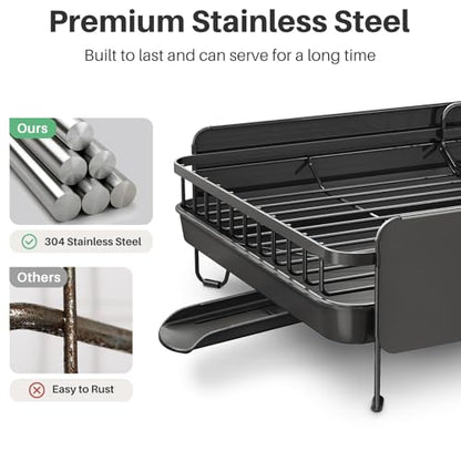 Large Expandable Dish Drying Rack for Kitchen Counter, 19.3-29.4 in, Black | Family Size Capacity, Adjustable Dividers for Pan, Lid & Cutting Board, Stainless Steel, Rotating Spout, Utensil Holder