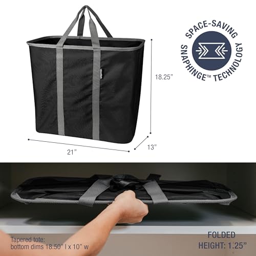 CleverMade Collapsible Laundry Caddy, 64L, 2 Pack, Black Gray | A reinforced rim and base keep it upright for loading. Comfortable handles move up to 2 full loads, then it folds flat.