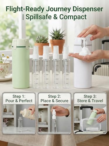 4 in 1 Travel Dispenser Bottle Set, Leakproof TSA Travel Size Containers for Toiletries, Portable Refillable Bottles, Hard Shell Rotating Design with Scale and Labels