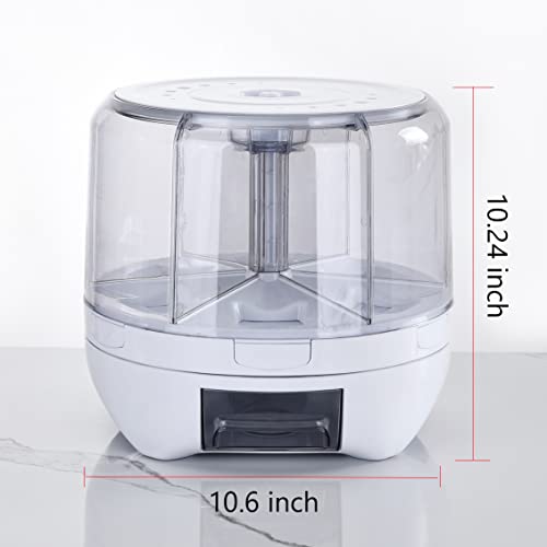 XIYAO 20Lbs Grain dispenser 360°Rotating Rice Dispenser 6 Grids Transparent Rotatable Cereal Storage Container with Sealed lid for Dry Food Beans Peanut Barley Millet Seeds