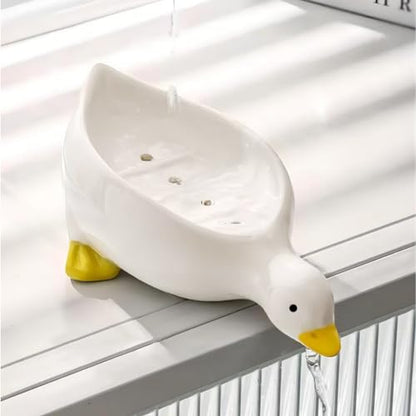 1 Pack Duck Ceramic Soap Dishes,Soap Holder with Drain,Soap Dish Container,Dish Soap Tray,Sponge Holder,Soap Tray for Shower,Bathroom,Bar,Kitchen,Counter (Duck), White