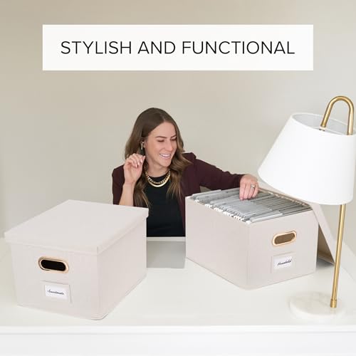 Decorative File Organizer Box Set of 2 - Collapsible Linen Filing Cabinets | Stores Documents and Hanging File Folders - Portable Office Crates with Lid and Handles for Easy Slide Access